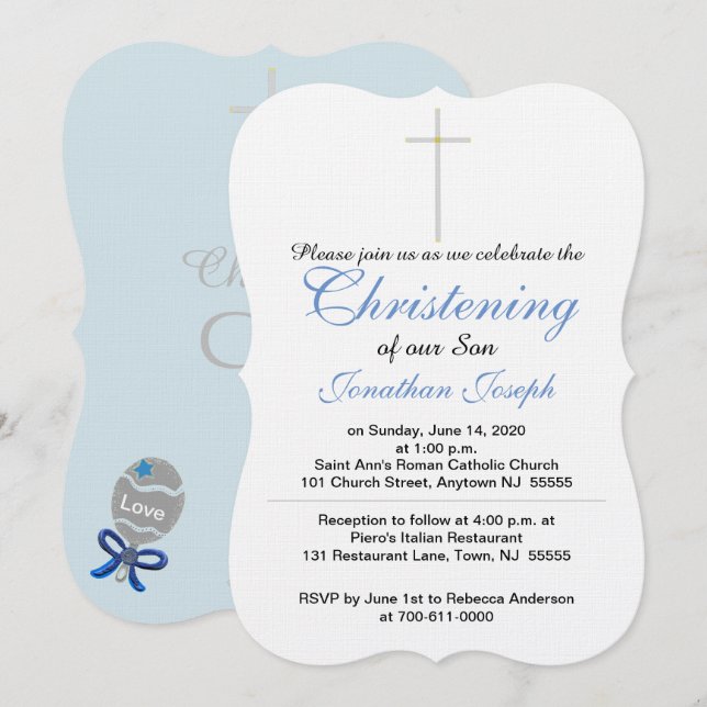 Convite Christening Cross Blue Cinza Boy Rattle (Frente/Verso)