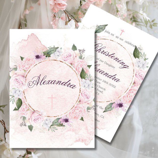 Convite Christening Floral Pink Roses Wreath (Criador carregado)