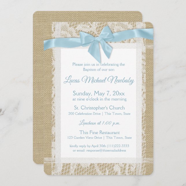 Convite Christening Invitation Burlap and Lace Baptism (Frente/Verso)