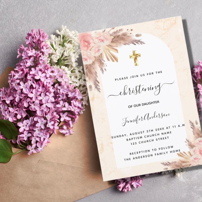 Convite Christening pampas rosa blush marble girl (Criador carregado)