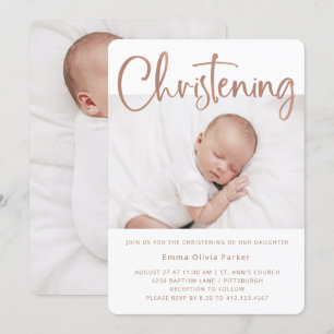 Convite Christening   Rosa mínimo simples Dourado duas fot