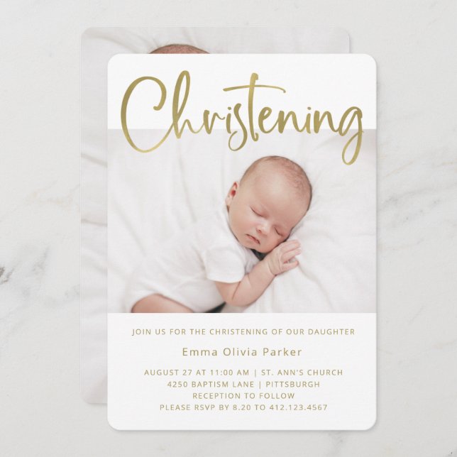 Convite Christening | Simples Dourado mínimo com duas foto (Frente/Verso)