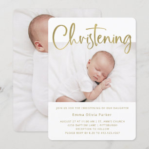 Convite Christening Simples Dourado mínimo com duas foto
