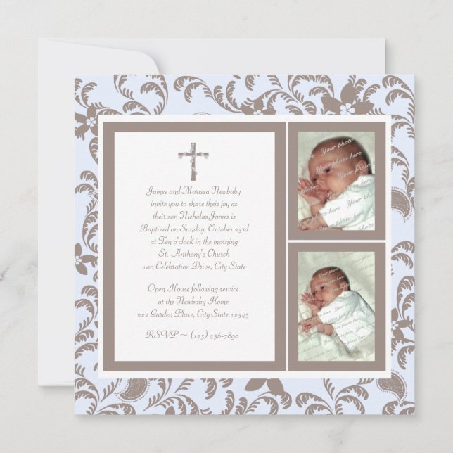 Convite Christening Soft Blue e Brown Paisley Photo (Frente)