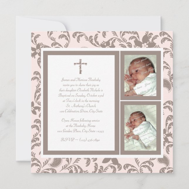Convite Christening Soft Pink and Brown Paisley Photo (Frente)