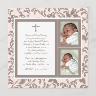 Convite Christening Soft Pink e Brown Paisley Photo