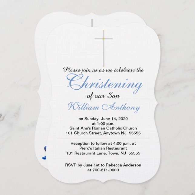 Convite Christening Son Cross Blue Rattle Invants (Frente/Verso)