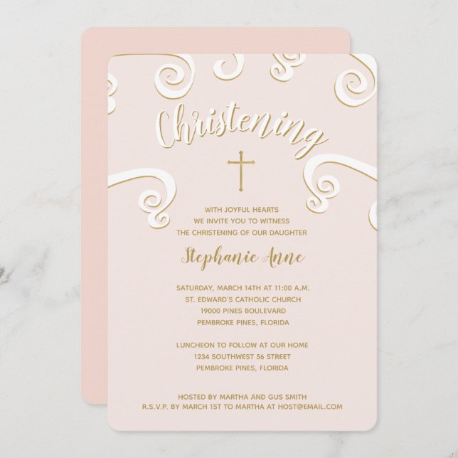 Convite ChristeningScrolls em rosa e Dourado (Frente/Verso)
