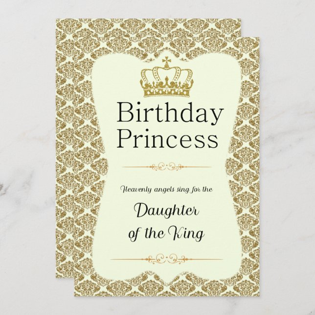 Convite Christian Birthday Princesa Dourada e Cream Damask (Frente/Verso)
