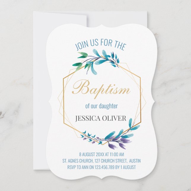 Convite Christian Blue Floral Wreath (Frente)