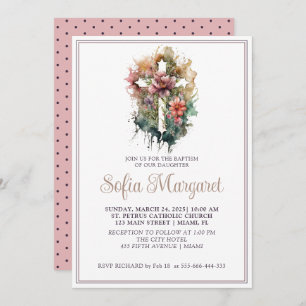 Convite Christian Cross Watercolor Flowers Girl Baptism