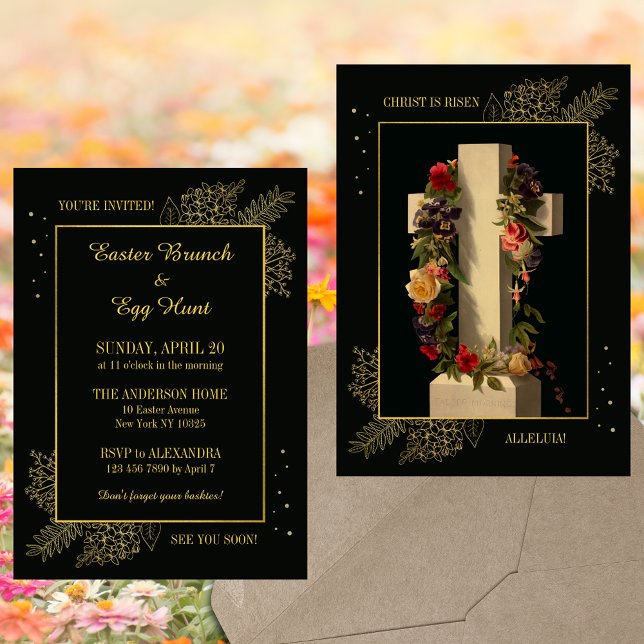 Convite Christian Floral Cross Páscoa Brunch Ovo Hunt (Christian Catholic Floral Cross Resurrection Jesus Christ is risen Easter Brunch Egg Hunt Invitation)