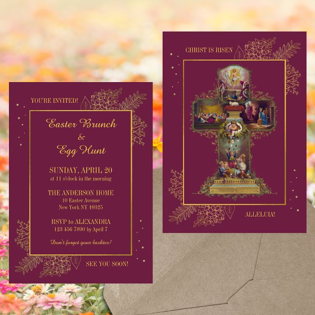 Convite Christian Floral Cross Páscoa Brunch Ovo Hunt (Purple Religious Christian Catholic Floral Easter Cross Christ is risen Brunch Egg Hunt Invitation)