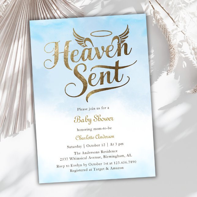 Convite Christian Heaven Enviou Chá de fraldas Azul Nuvens (This "Heaven Sent" Baby Shower Invitation captures the essence of an angel-themed celebration)