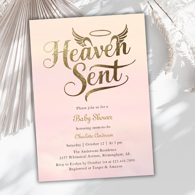 Convite Christian Heaven Enviou Chá de fraldas de Garotas  (Elegant "Heaven Sent" girl's baby shower invitation)