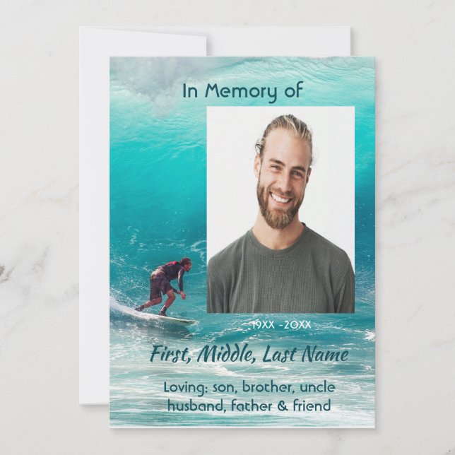 Convite Christian  Memorial  Service Wave Surfer Water (Frente)