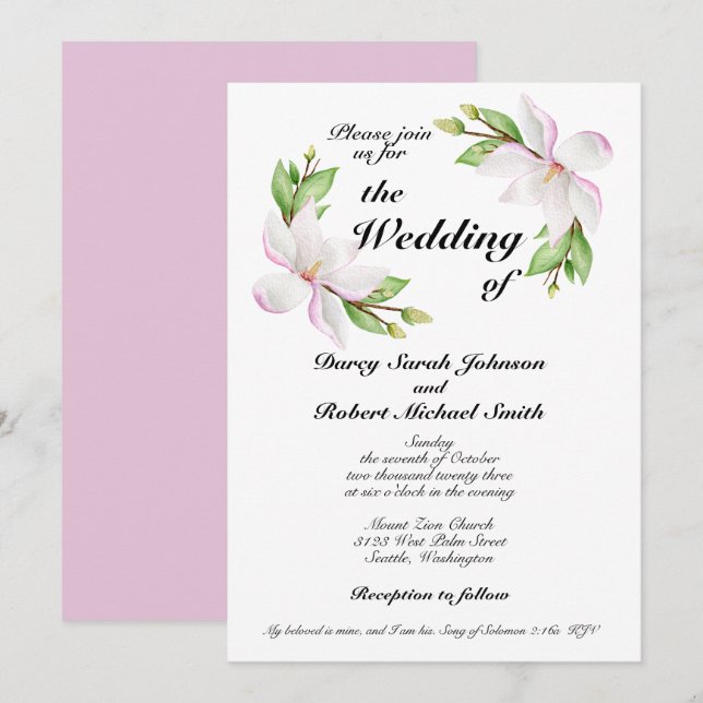 Convite Christian Wedation Invitation Watercolor Magnolias (Frente/Verso)