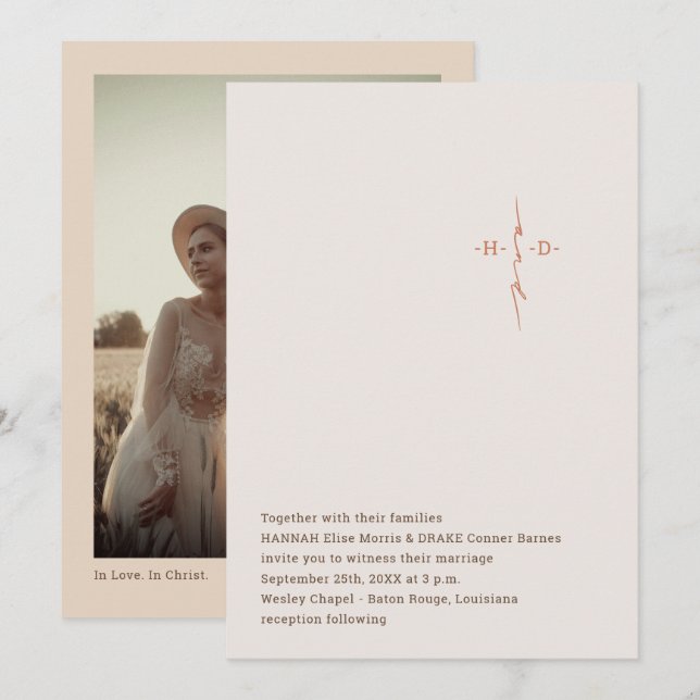 Convite Christian Wedding Hand Lettered Monogram Cross (Frente/Verso)