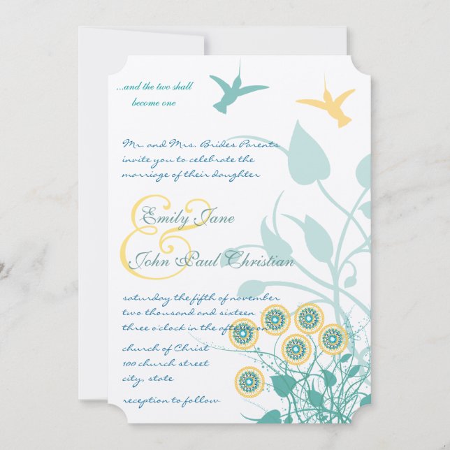 Convite Christian Wedding Invitation Humming Birds Flowers (Frente)