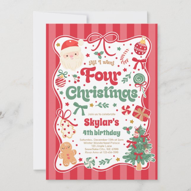 Convite Christmas 4th Birthday Party Coquette Bow Birthday (Frente)