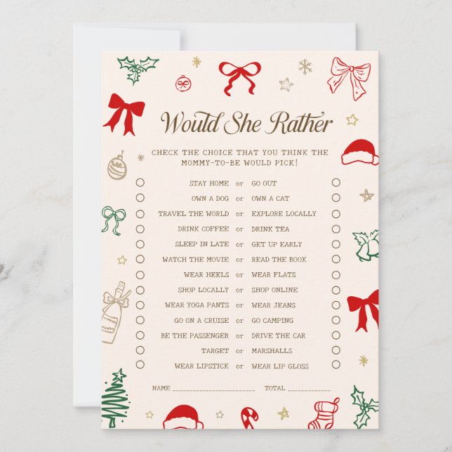 Convite Christmas Baby Shower Would She Rather Game Card (Frente)