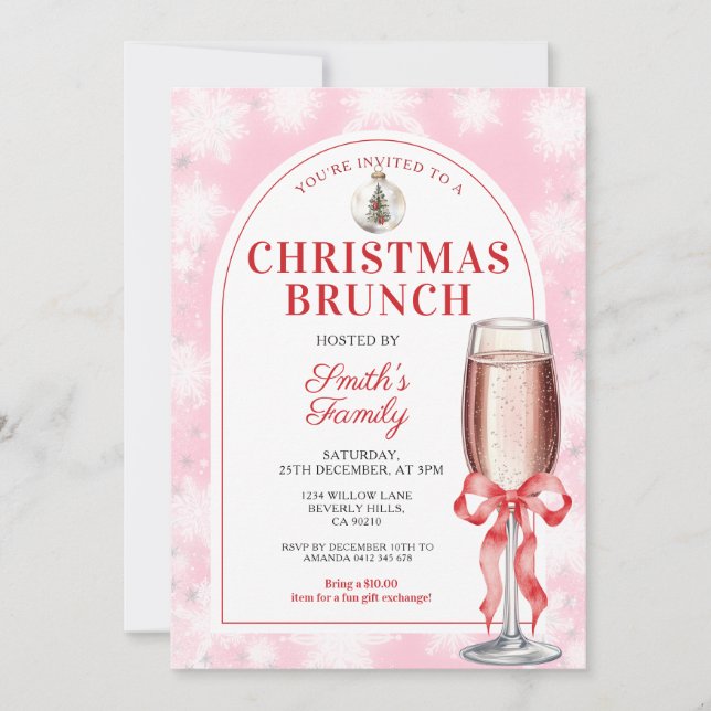 Convite Christmas Brunch Party Red Bow Wine Pink Gingham (Frente)