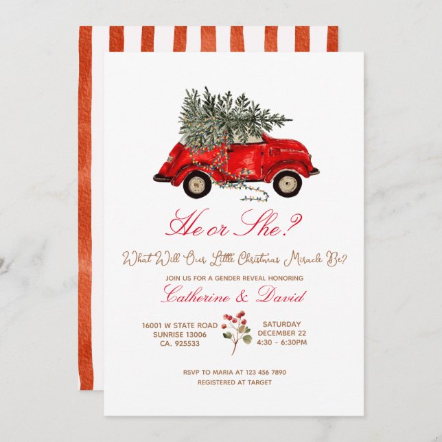 Convite Christmas Car and Tree Gender Reveal Invitation (Frente/Verso)