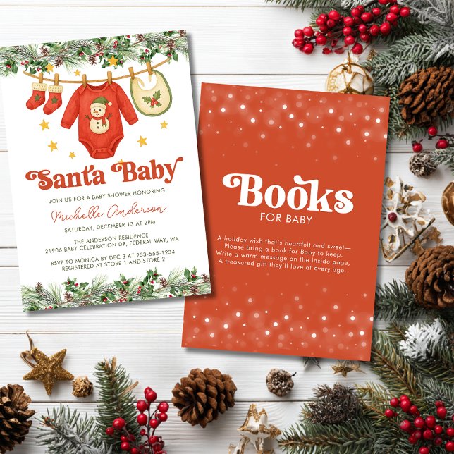 Convite Christmas Clothesline Baby Shower and Book Request (Christmas Clothesline Baby Shower and Book Request Invitation)