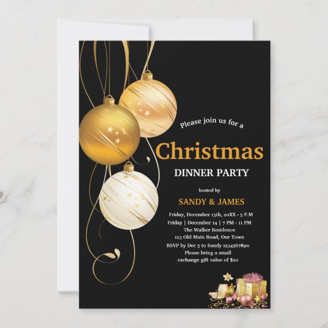 Convite christmas dinner party black and gold baubles  (Frente)