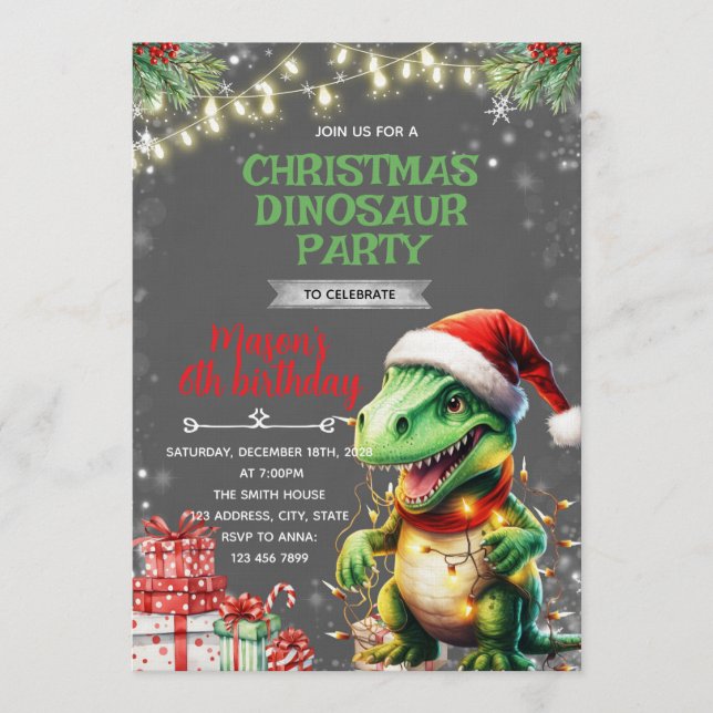 Convite Christmas Dinosaur Birthday Invite (Frente)