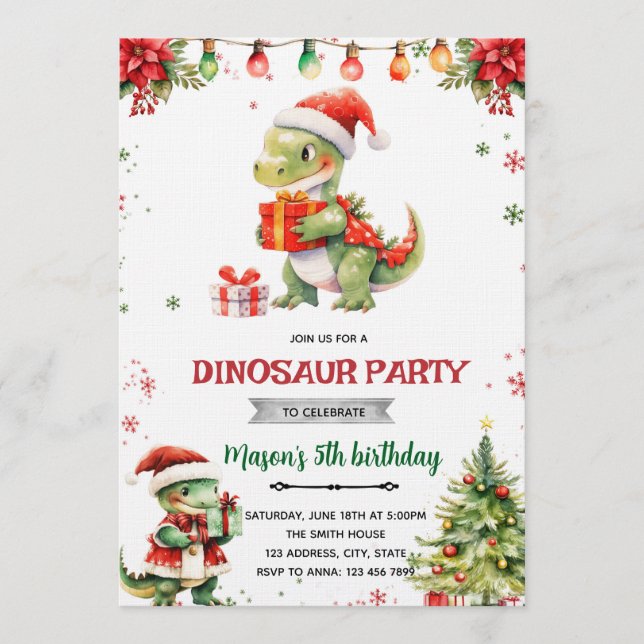 Convite Christmas dinosaur party invitation (Frente)