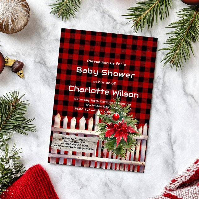 Convite Christmas Fence Buffalo Plaid Baby Shower (Criador carregado)