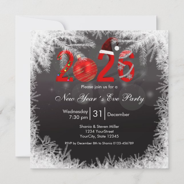 Convite Christmas Festive Red  2026 New Year's Eve Party (Frente)