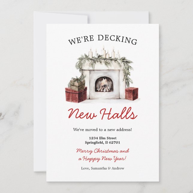 Convite Christmas Fireplace Decking New Halls New Address (Frente)