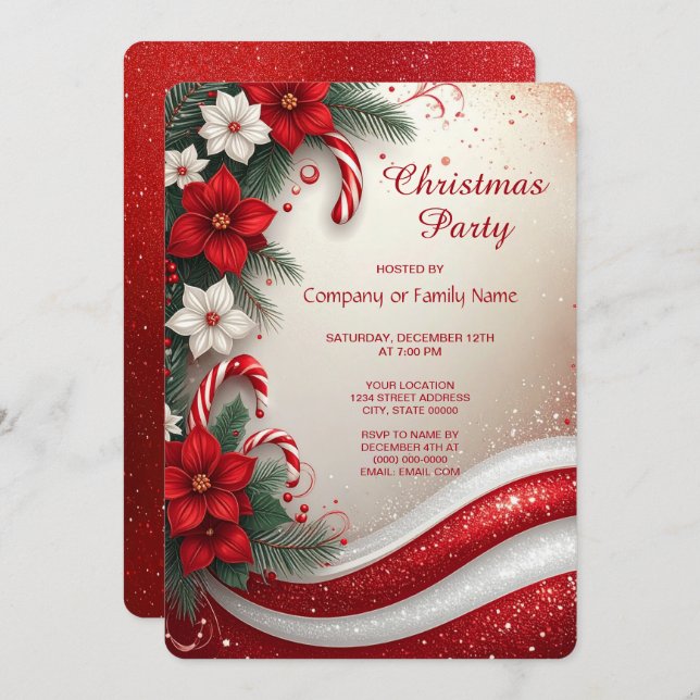 Convite Christmas Floral Candy Canes Holiday Party (Frente/Verso)