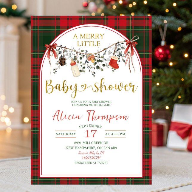 Convite Christmas Gingham Rustic Merry Little Baby Shower (Criador carregado)