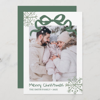 Convite Christmas Green Bow snowflakes Photo card