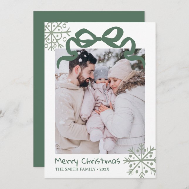 Convite Christmas Green Bow snowflakes Photo card  (Frente/Verso)