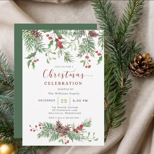 Convite Christmas Greenery Watercolor Celebration Invitati (Criador carregado)