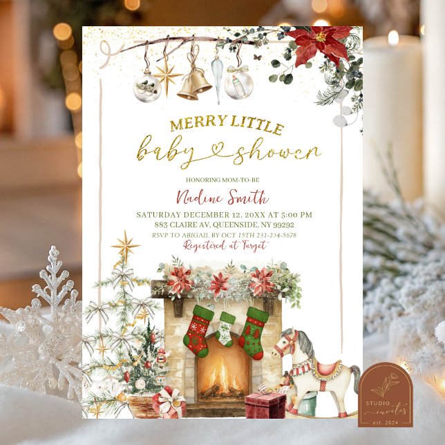 Convite Christmas Holiday Fireplace Baby Shower (Criador carregado)