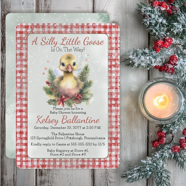 Convite Christmas Holiday Goose Gosling Baby Shower (Cute Christmas Holiday Goose Gosling "A Silly Little Goose" Gingham Checks Baby Shower Invitation)