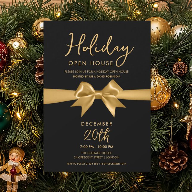 Convite Christmas Holiday Open House Gold Bow Black (Christmas Holiday Open House Gold Bow Black Invitation)
