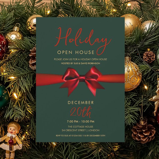 Convite Christmas Holiday Open House Red Bow Green  (Christmas Holiday Open House Red Bow Green Invitation)