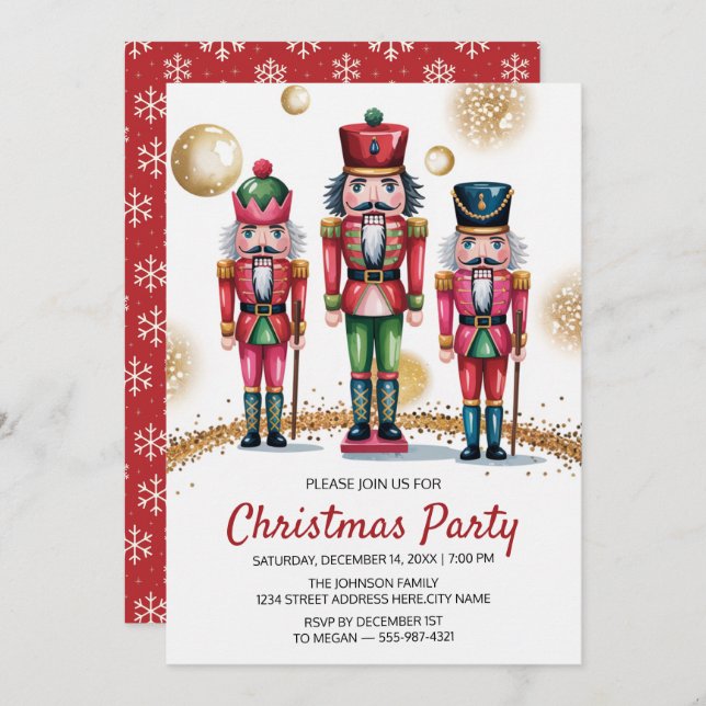 Convite Christmas Holiday Party Nutcracker Gold Glitter    (Frente/Verso)