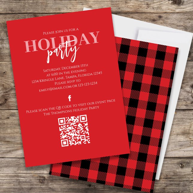 Convite Christmas Holiday Rustic Buffalo Red Plaid QR Code (Holiday red and black buffalo check patterned invitation with a QR Code for social media sharing. )