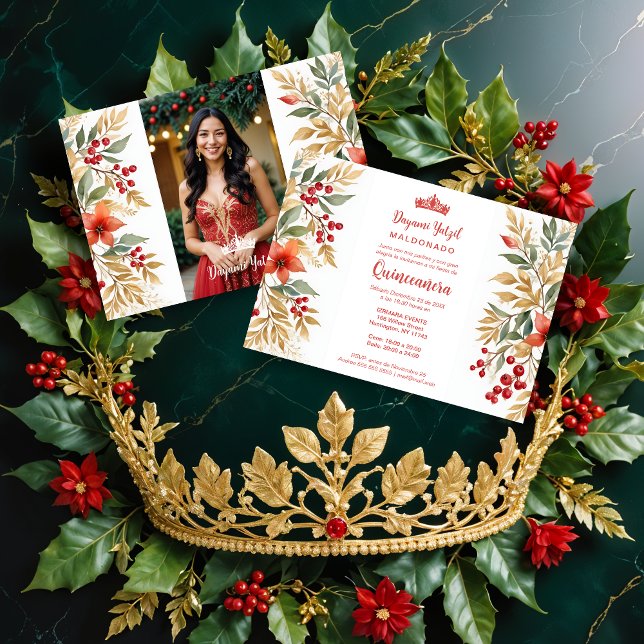 Convite Christmas Holly Sweet Floral Spanish Photo Mis XV (Christmas Inspirations Holly Sweet Floral Spanish Photo Mis XV Invitations Cards. )