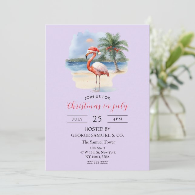 Convite Christmas in July Custom Company Name Flamingo (Em pé/Frente)