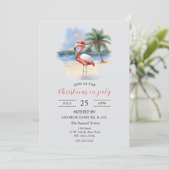 Convite Christmas in July Custom Company Name Flamingo (Em pé/Frente)