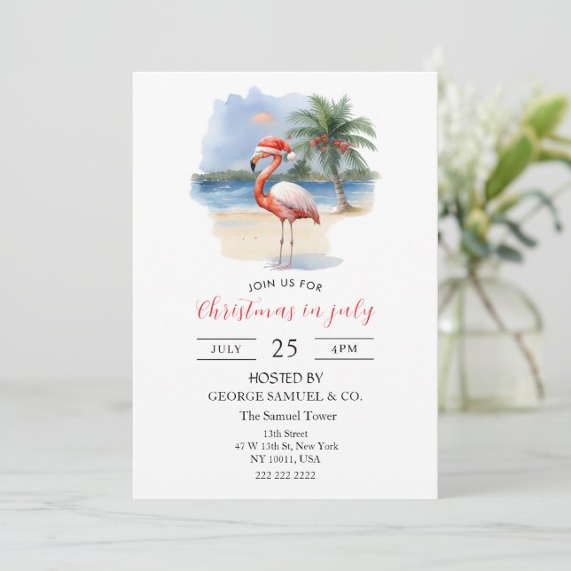 Convite Christmas in July Custom Company Name Flamingo (Em pé/Frente)