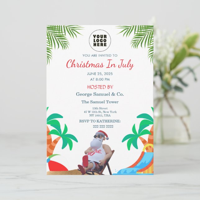Convite Christmas in July | Custom Company Name & Logo (Em pé/Frente)